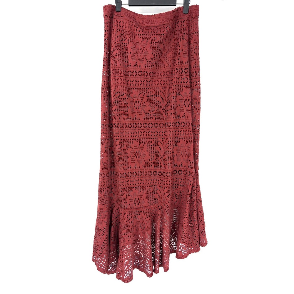 Free People Beach Crochet Maxi Skirt Burgundy Ruffle High Low Wrap Large - Picture 3 of 3